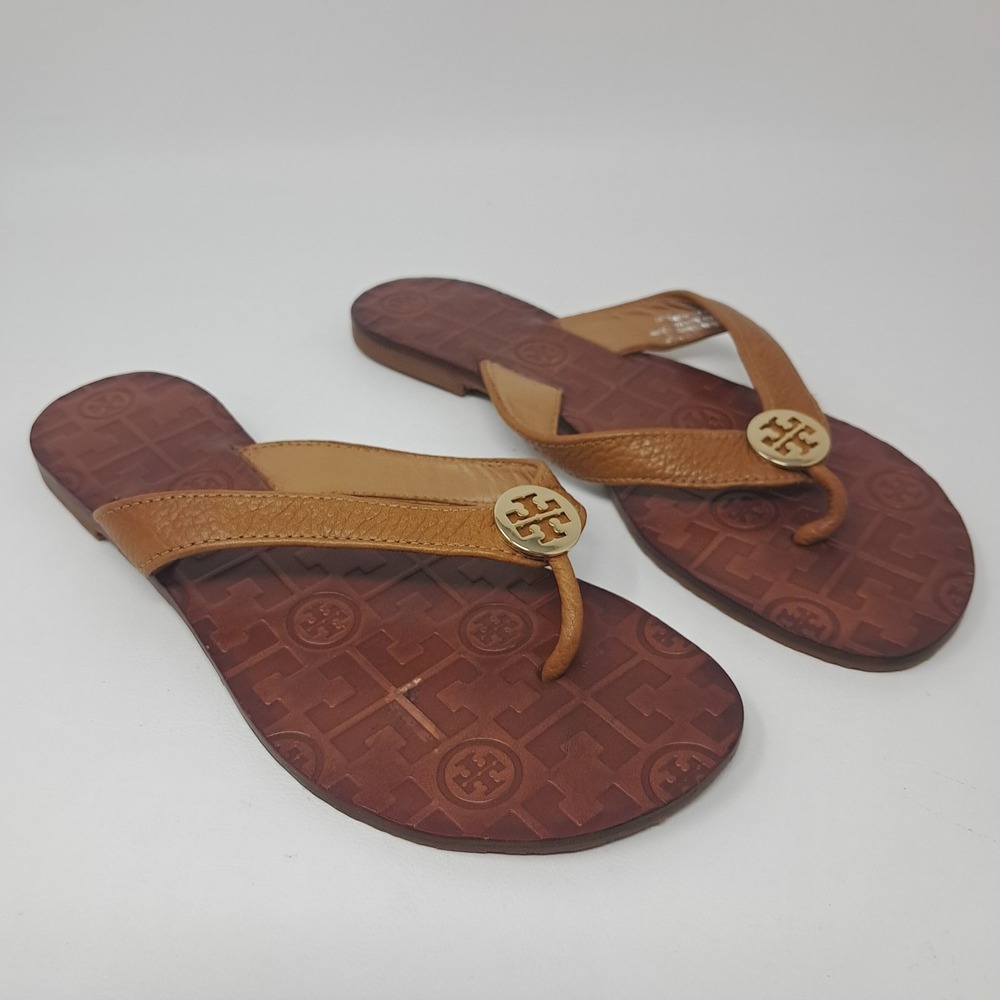 Tory Burch Thora Tumbled Leather Flip-Flop Sandals Royal Tan Gold Logo Size 6M